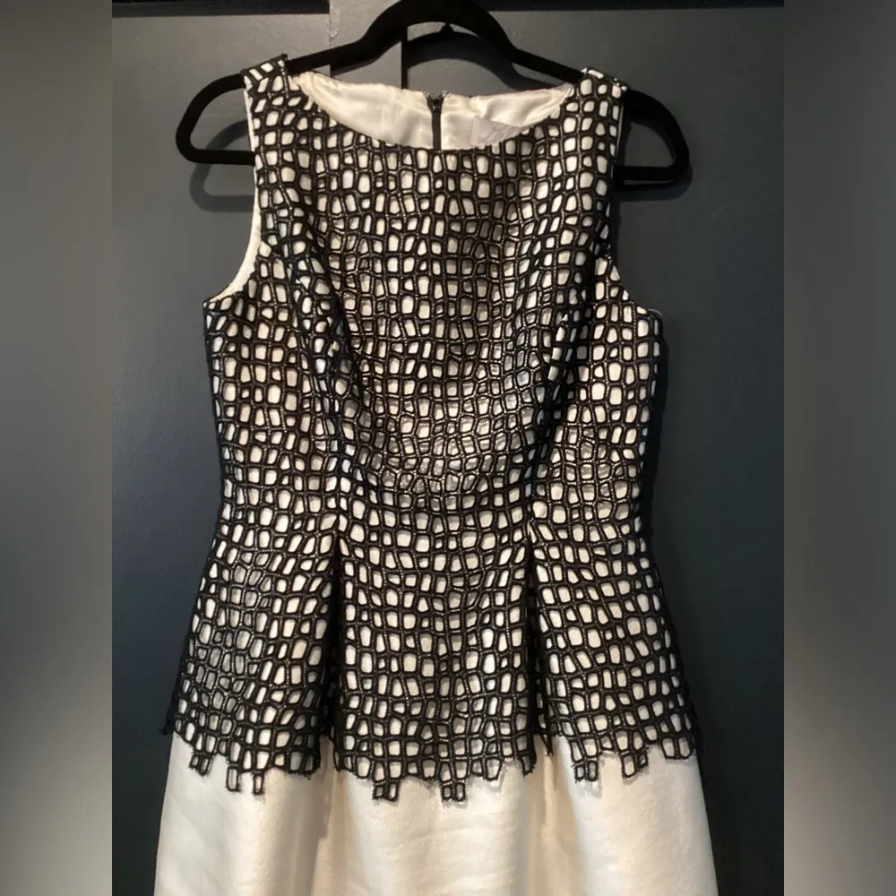 Lela Rose Lace seamed Bodice Sheath Sleeveless Mini Dress Cream Black Size 6 - Image 4