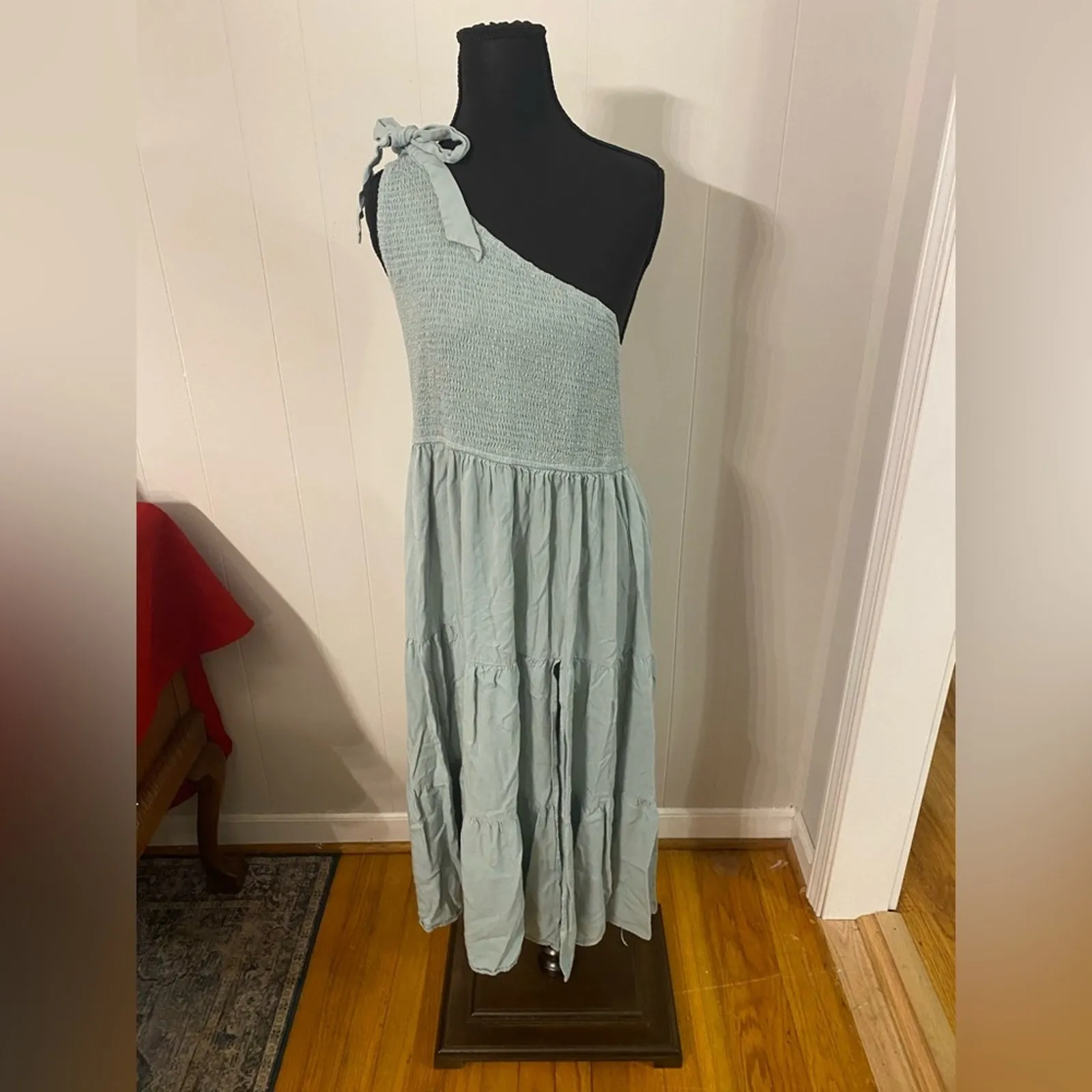 Merokeety One Shoulder Smocked Top Tiered Midi Dress with Front‎ Slit in Sage XL - Image 2