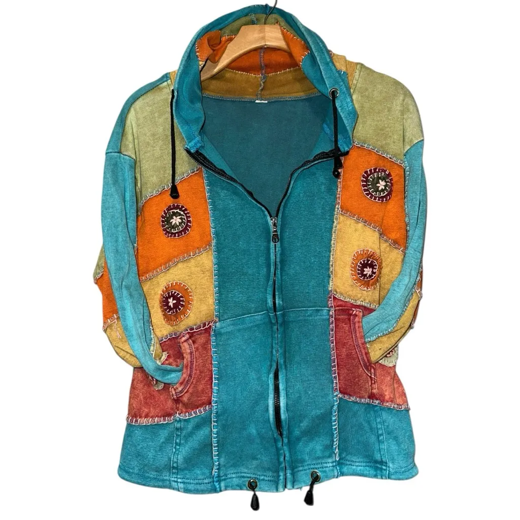 Greater Good Network Women’s Size S Blue Rainbow Patchwork Hippie Nepal Hoodie - Image 2