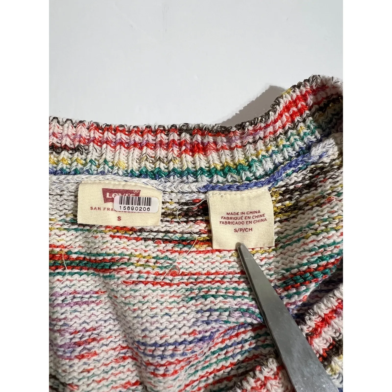 Levi Strauss Womens Multicolored Striped V Neck Sweater Size S *Repaired* White - Image 3