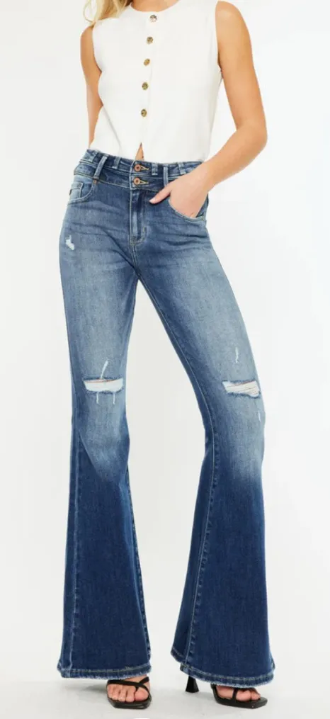 Women’s KanCan Chloe High Rise Distressed Raw Hem Super Flare Jeans Size 5/26 Blue - Image 1