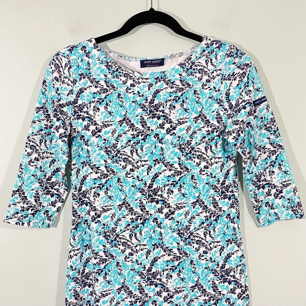 Saint James Atelier Women's Teal & Navy Leaves Jersey Knit Dress Size 6 - Image 2