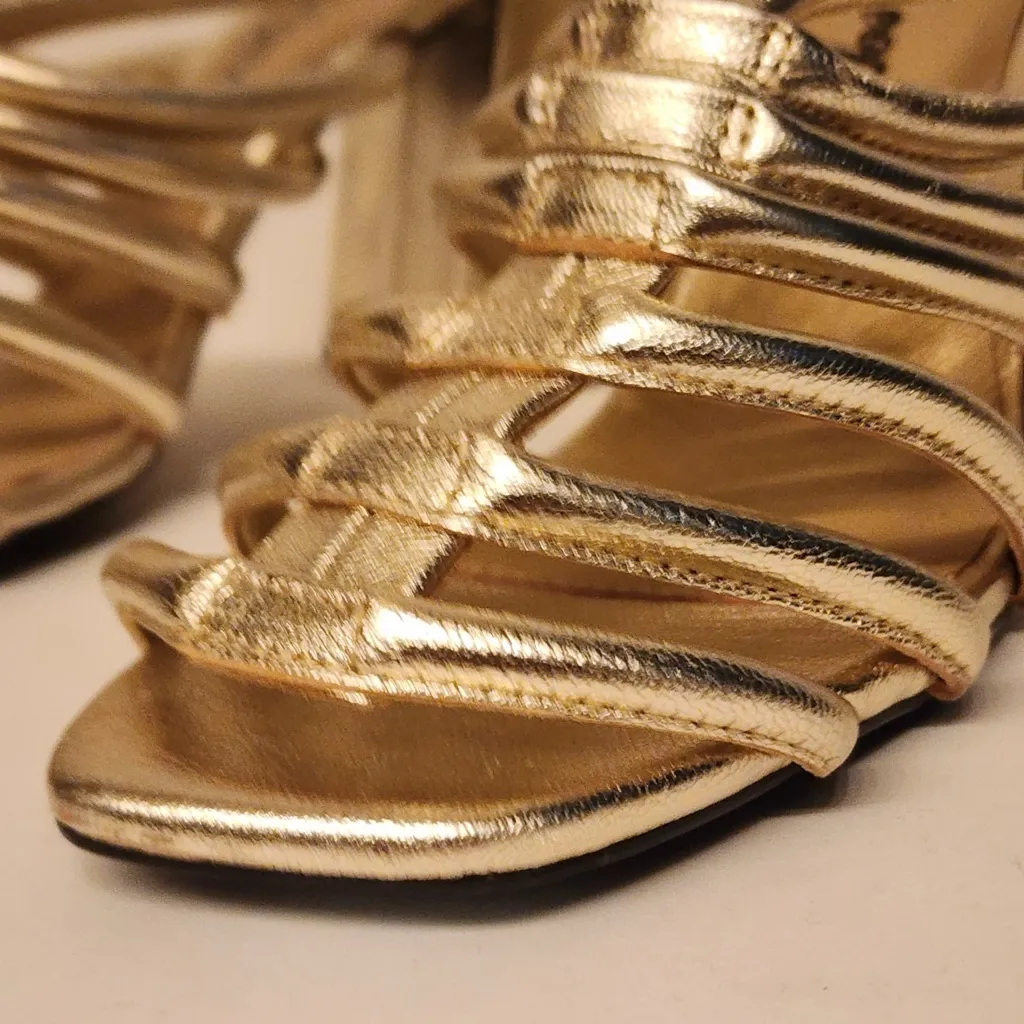 Free People Colette Cinched Women’s Gold Strappy Block Heel Sandals Size 6.5 /37 - Image 8