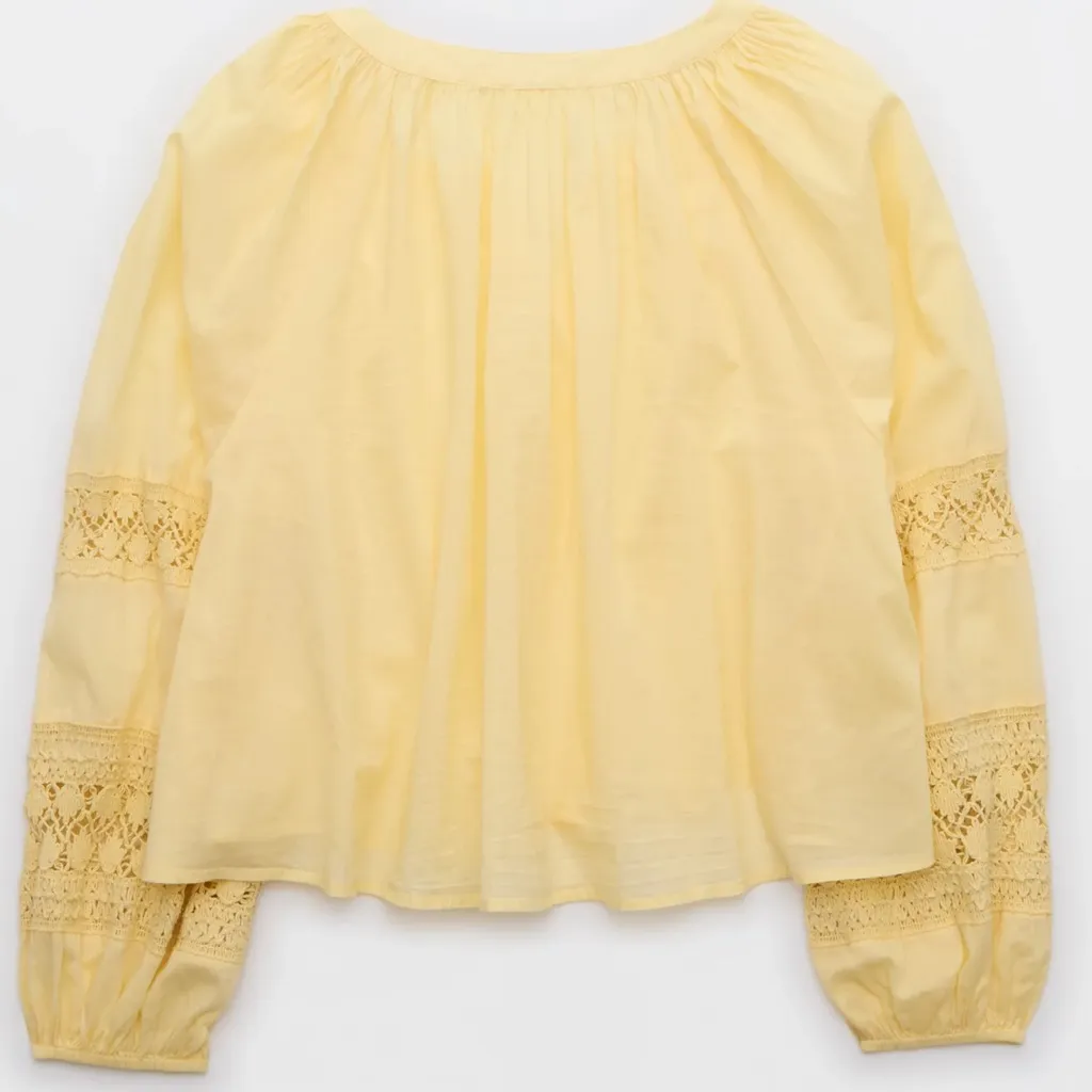 Aerie Long Sleeve Crochet Button Down Shirt in Butter Yellow 100% Cotton Small - Image 3