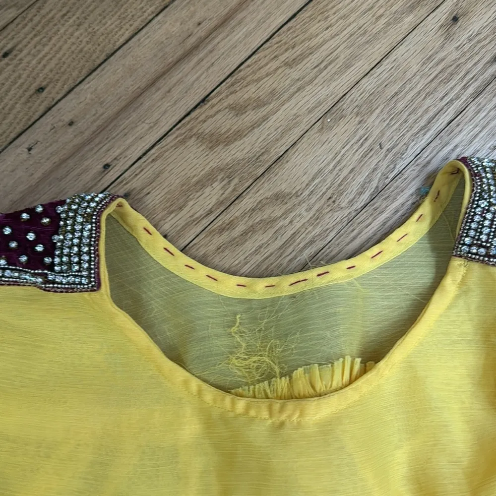 Yellow Chiffon Indian Anarkali Dress Red Velvet Trim Beaded M Size M - Image 9