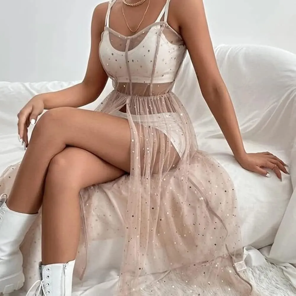 Sheer mesh glitter coverup Tan Size M - Image 5