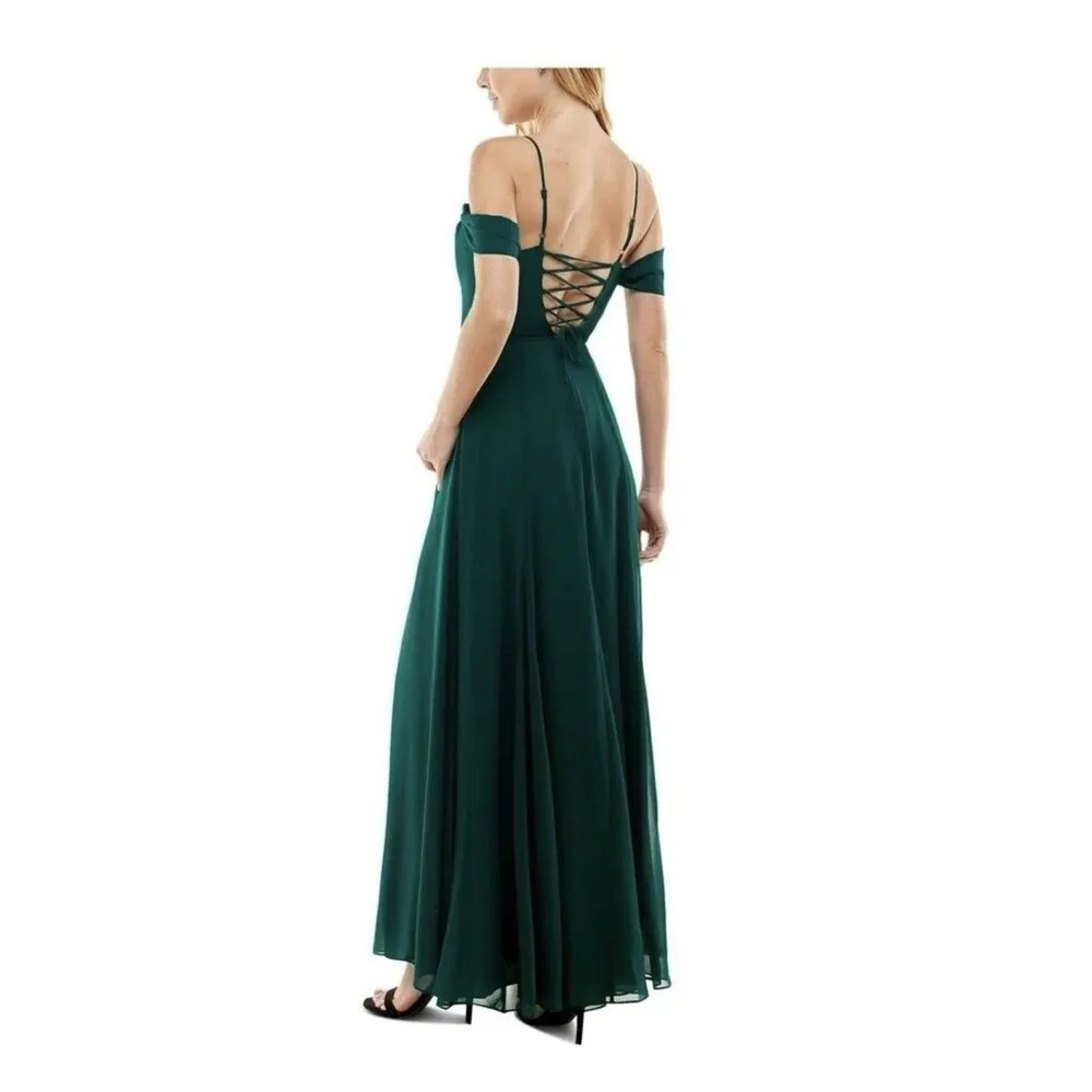 CITY STUDIOS Gown Juniors Dark Forest Cold Shoulder Lace Up Back Size 15 Green - Image 2