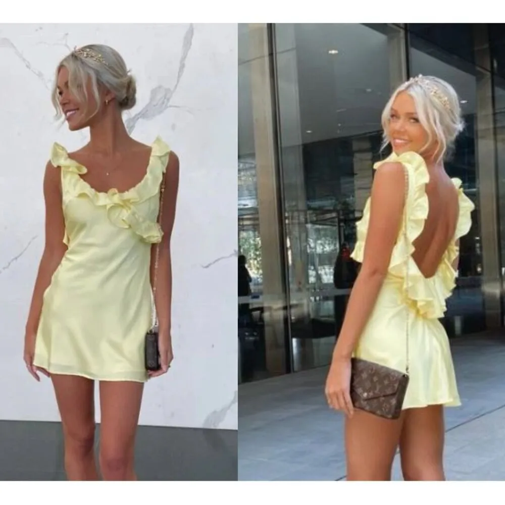 HOUSE OF CB Tink Satin Ruffle Mini Dress in Buttercup Size Large+ (X-Large) - Image 12
