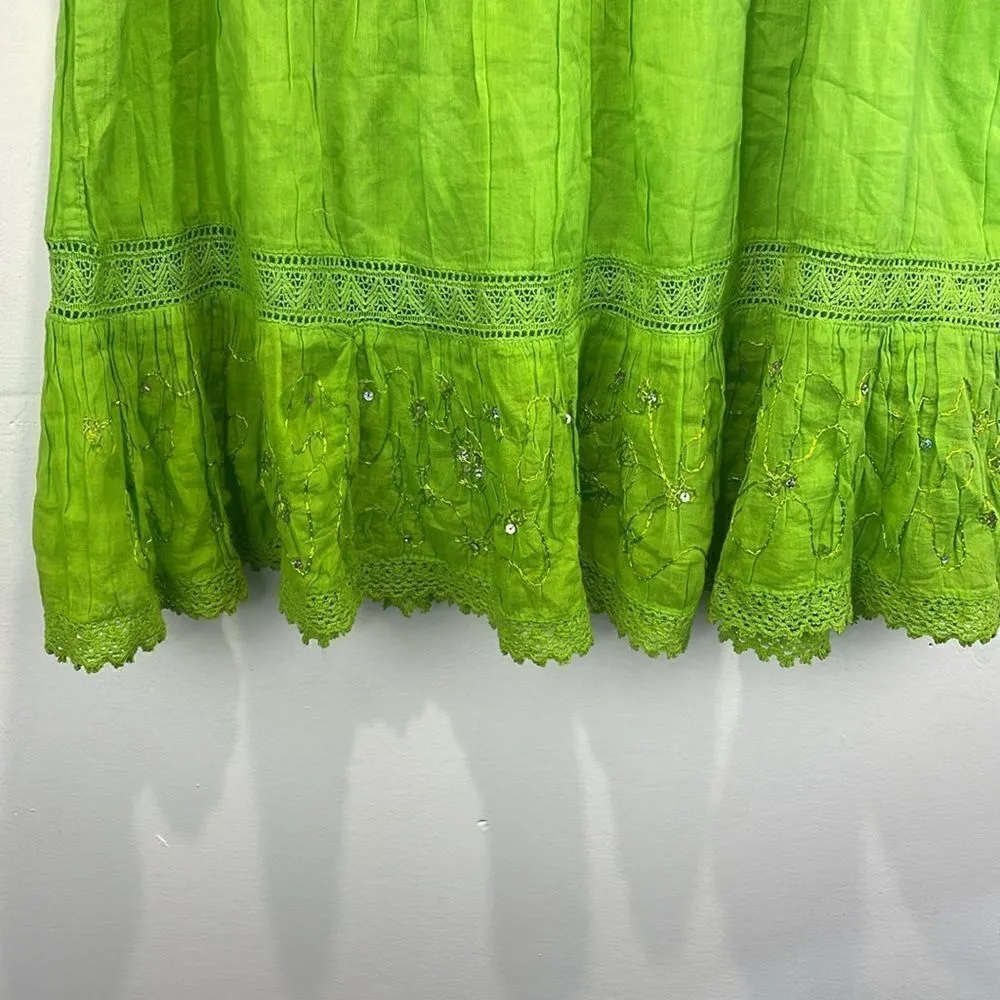 KommotionNY Boho Pull On Tiered embellished Crochet detailed green skirt Large - Image 4