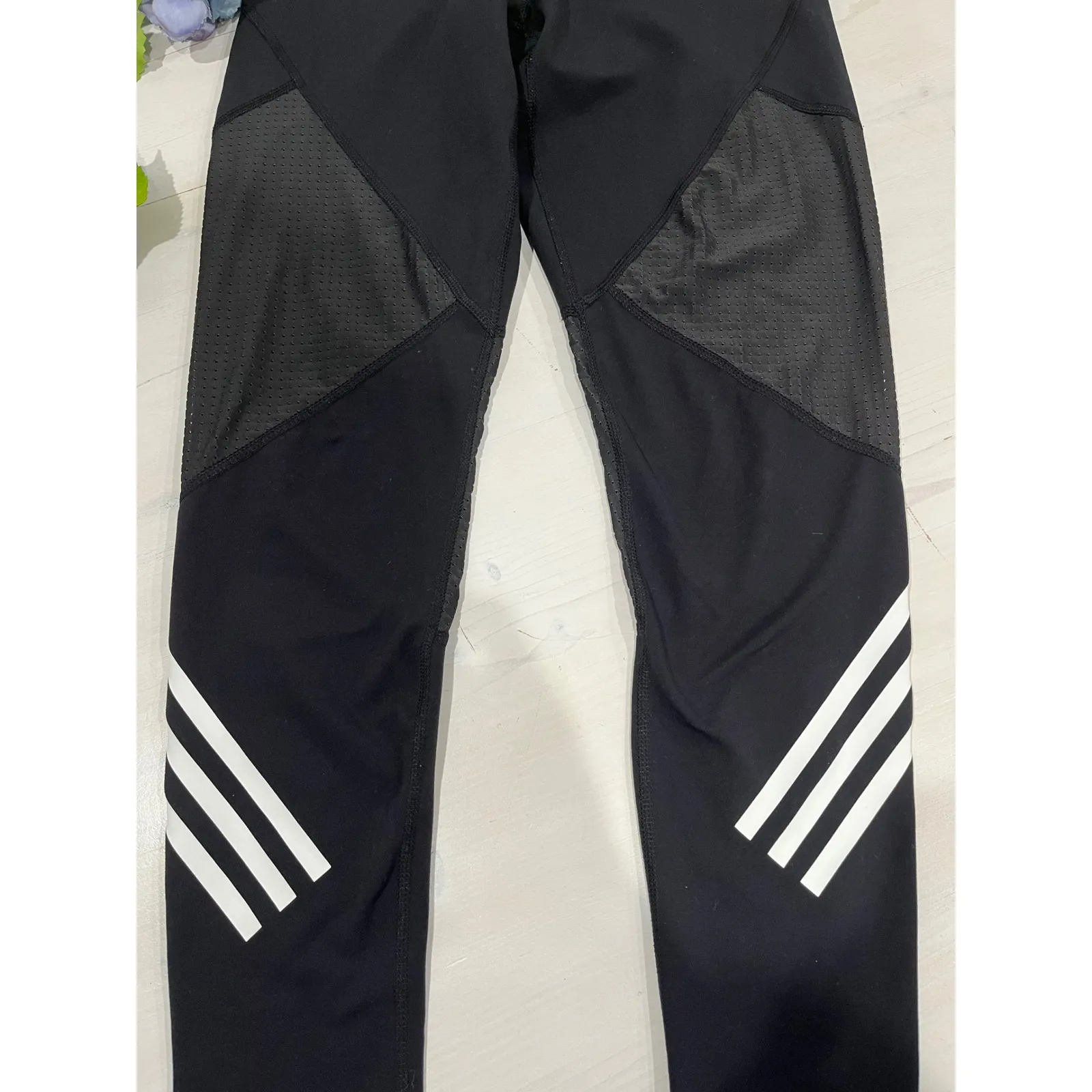Adidas Training Leggings Mesh Panels‎ 3-Stripes Athletic Gym Black Size S - Image 2