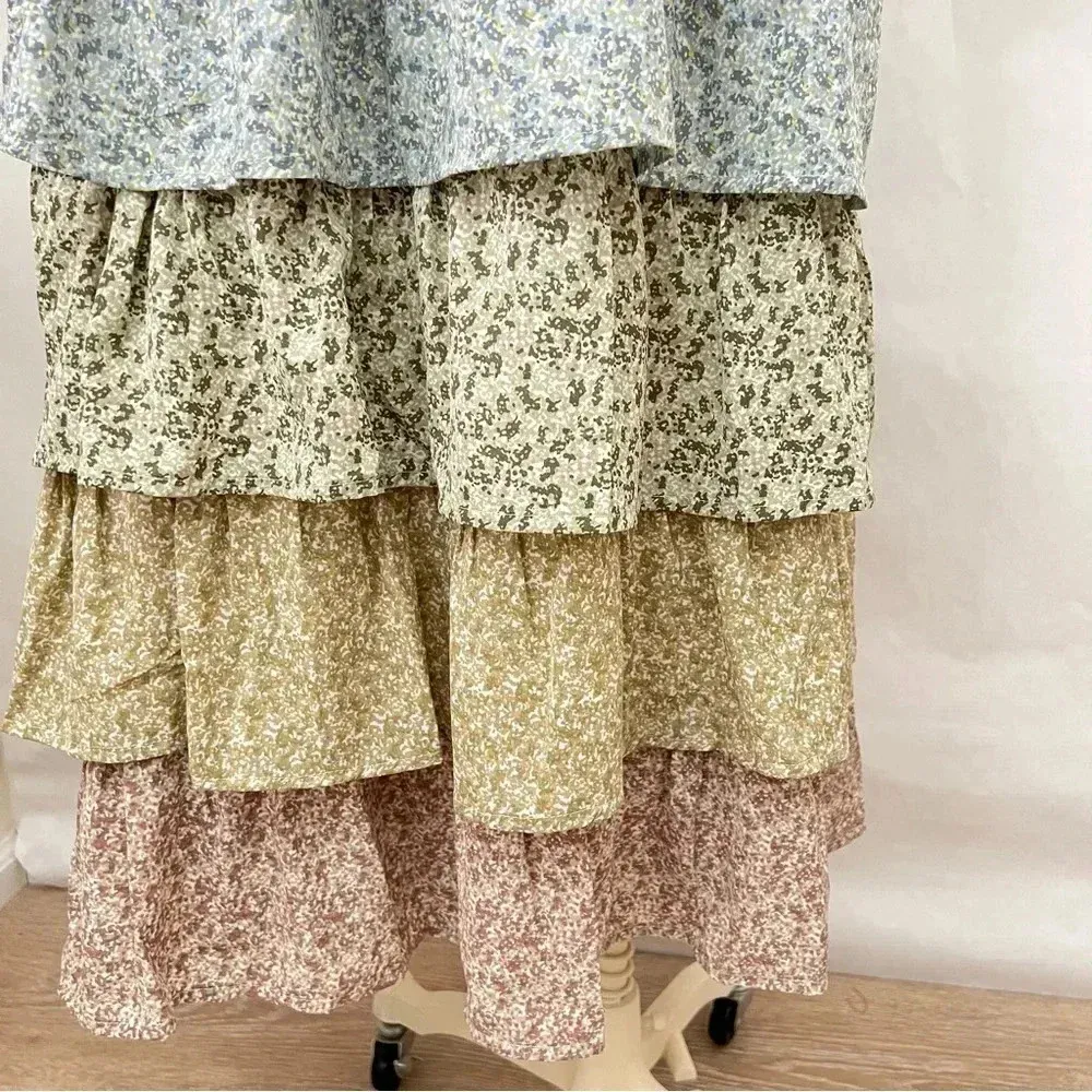 Storia Color Block Tiered Maxi Skirt Floral Smocked Waist Olive Multi Lined - Image 7