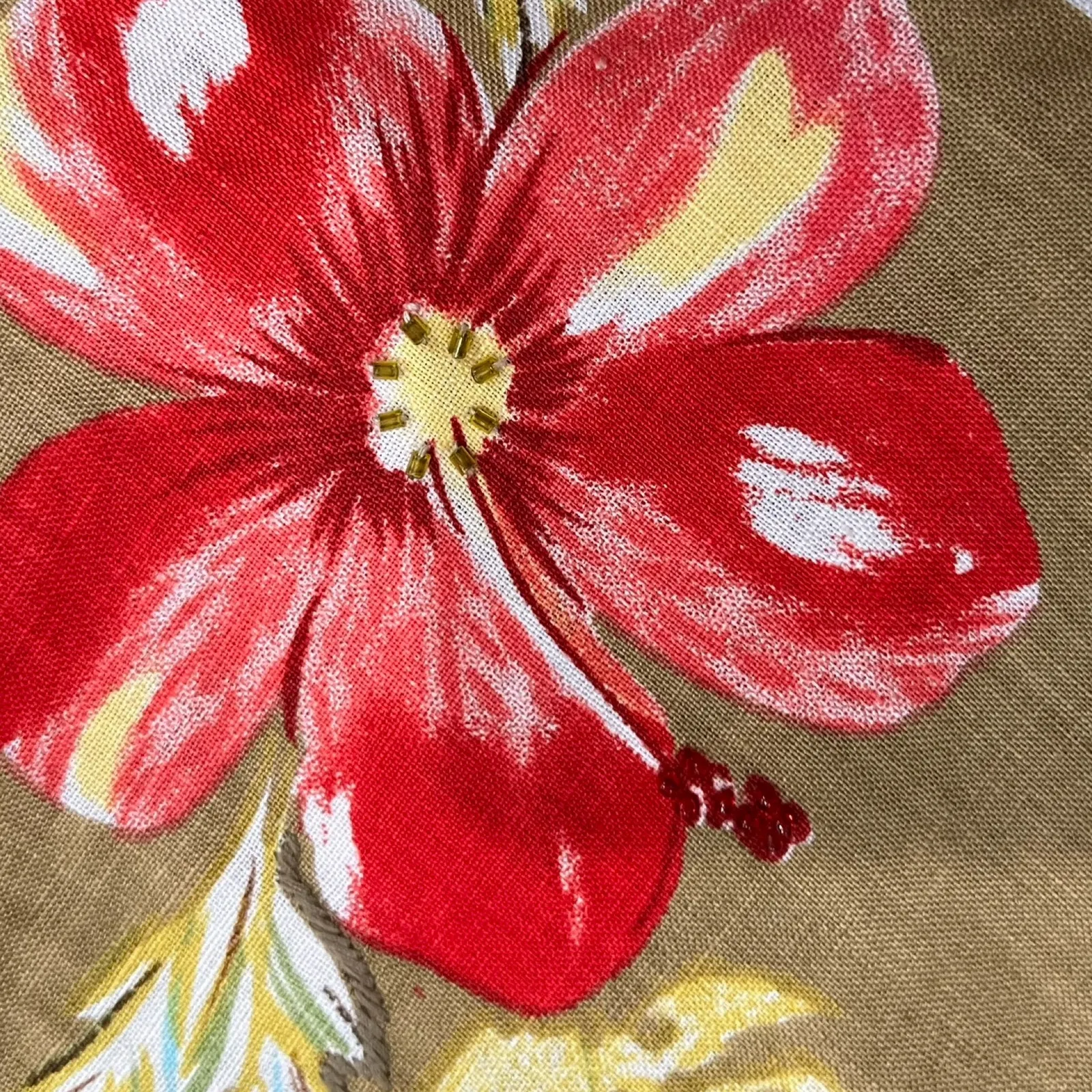 Vintage 90s Tan Red Yellow Linen Floral Hawaiian Hibiscus Floral Mini Skirt 14P - Image 5