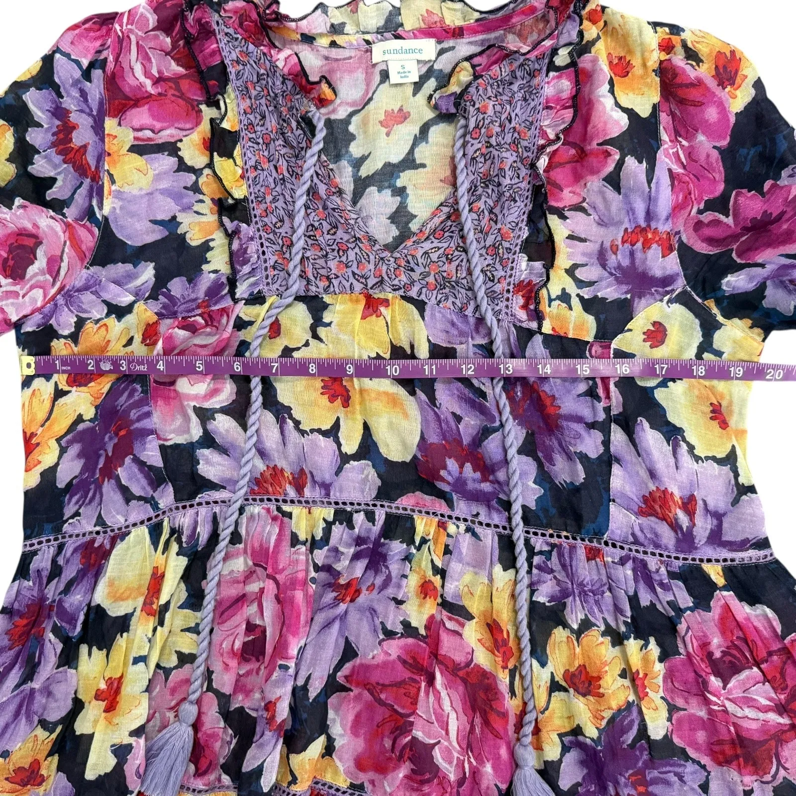 Sundance Fields of Beauty Tiered Floral Boho Peasant Dress Ruffle Purple Small - Image 8