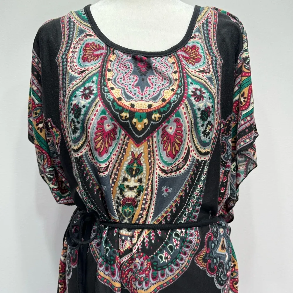 Funky People Black & Jewel Tones Paisley Boho Flutter Sleeve Tie Waist Dress L Size L - Image 2