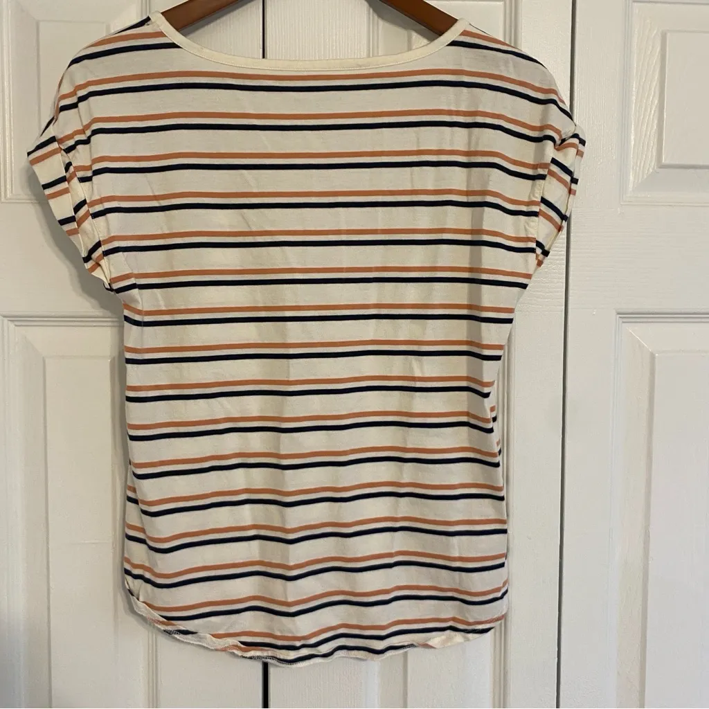LL Bean Women Tee Shirt Small Cap Sleeve White Neutral Stripes Cotton Modal - Image 6