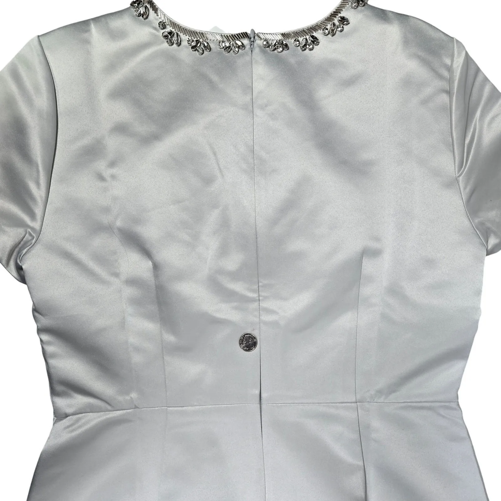 J. Crew Collection Embellished Neckline Short Sleeve A Line Satin Dress Silver 4 - Image 8
