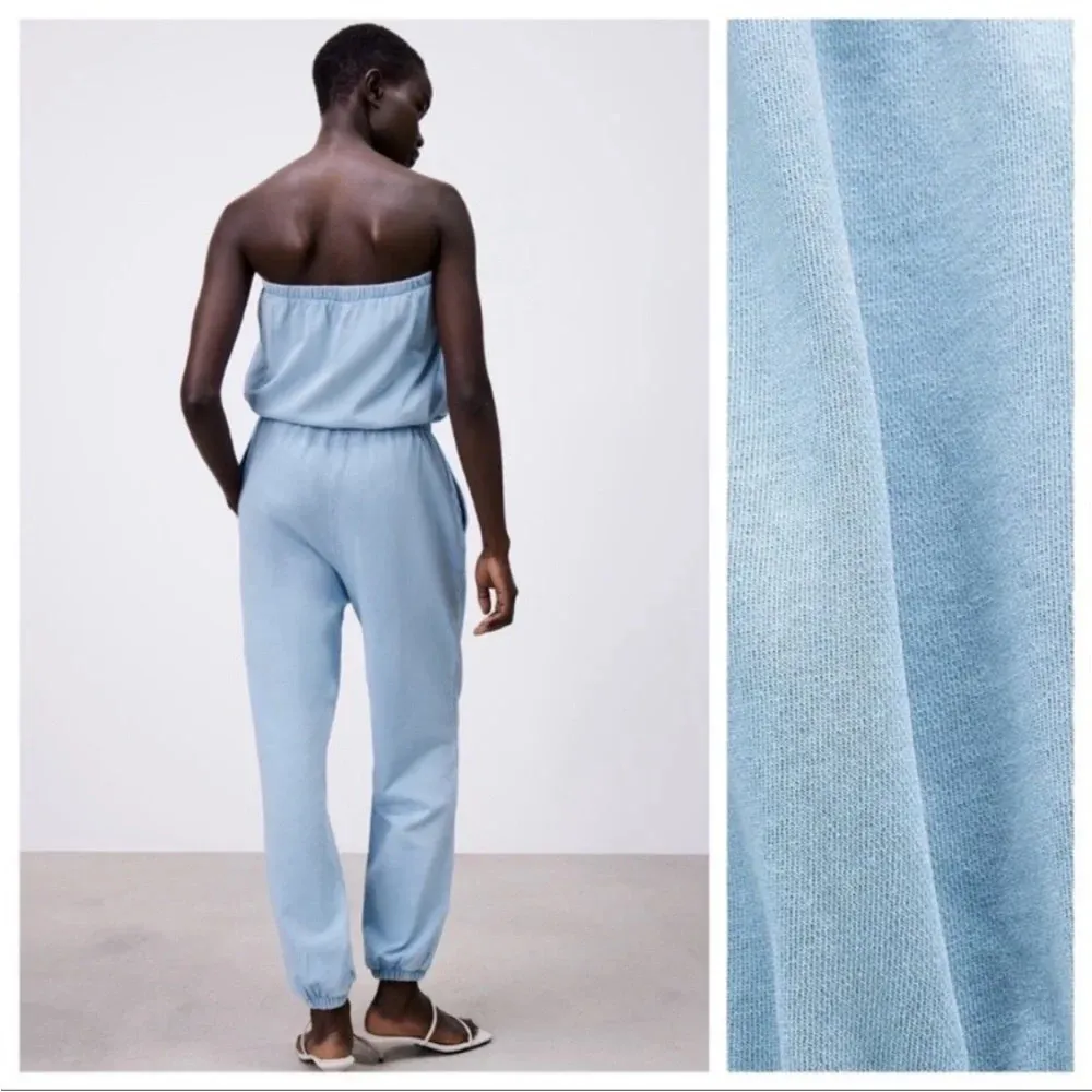 NWT. Zara Blue Washed Effect Long  Strapless Jumpsuit. Size XS. - Image 4