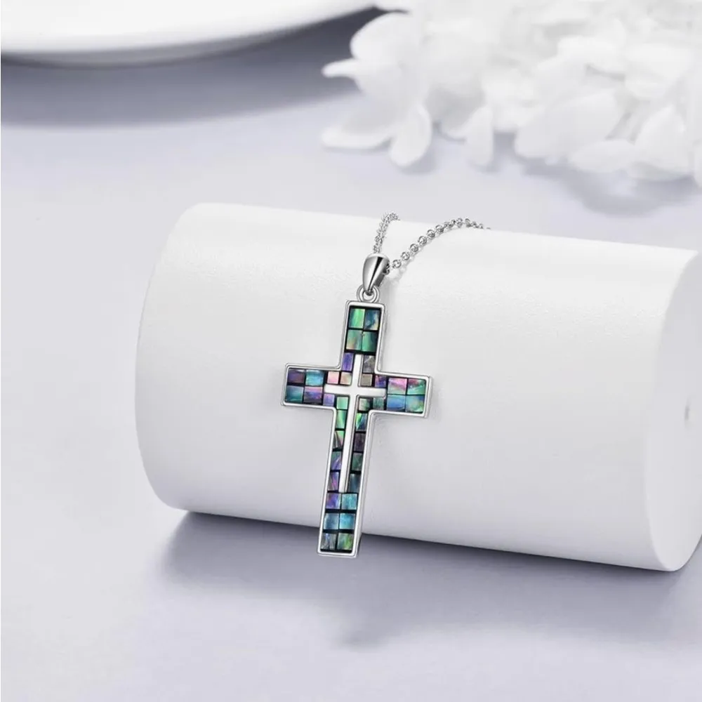 Sterling Silver Cross Pendant with Iridescent Accents - Image 3