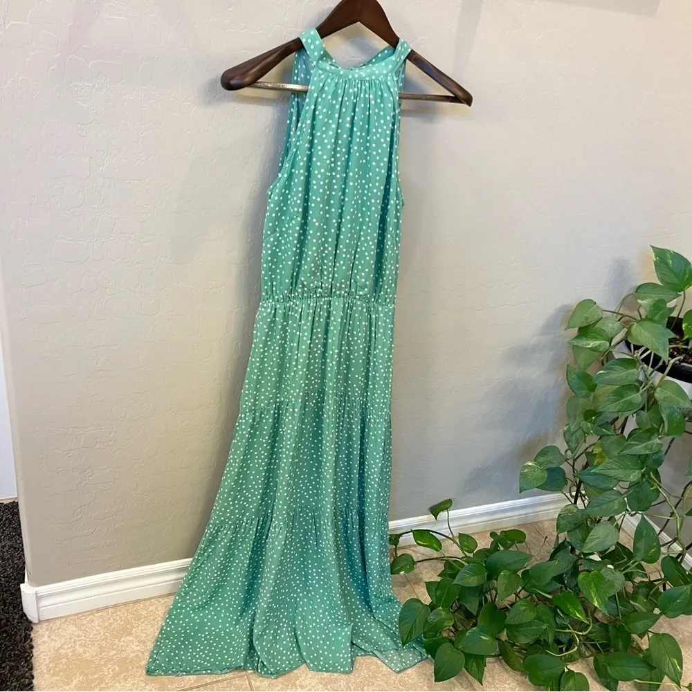 PRETTYGARDEN Halter Neck Sleeveless Maxi Dress tiered Sundress, polka dot, sz S Green - Image 5