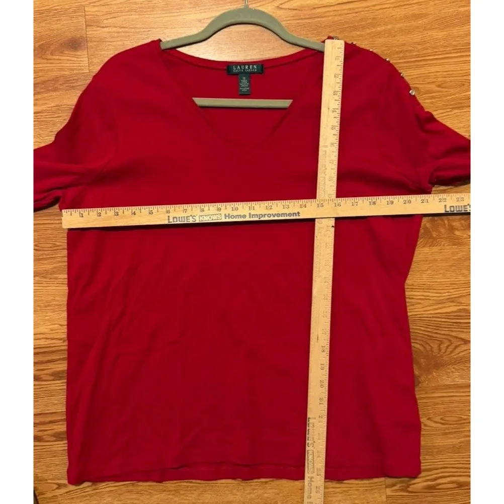 Lauren Ralph Lauren Red V-Neck Long Sleeve Top W/ Shoulder Button Detail 1X 100% - Image 8