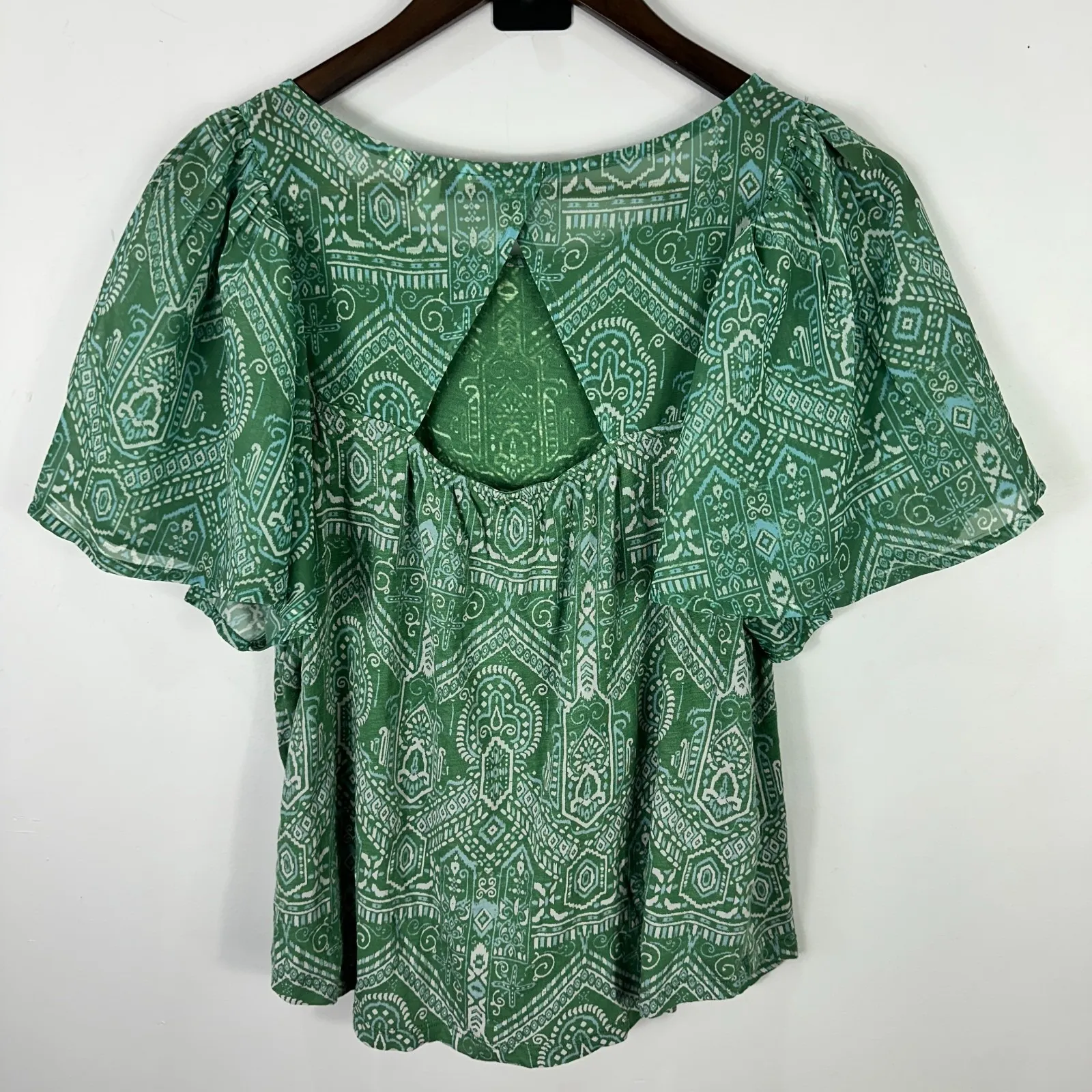 Lucky Brand Short Sleeve Top Womens Large Green Boho Indie Folk Whimsical - Image 5
