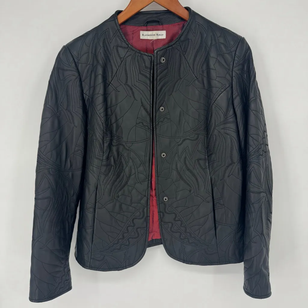 Katherine Kelly Black Floral Quilted Lambskin Leather Jacket S - Image 1