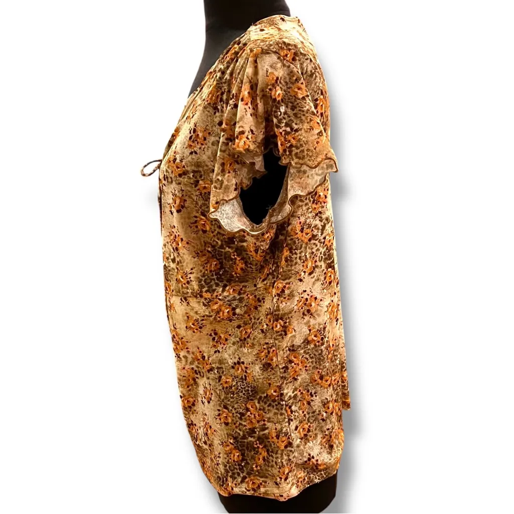 Vtg Y2k Autumn Floral Orange Green Brown Hippie Flare Cap Sleeve Top Keyhole L - Image 4