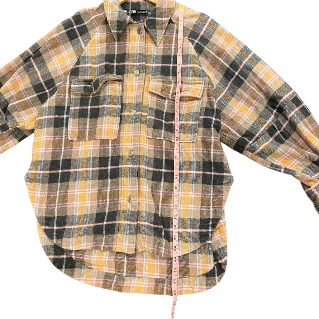 Zara  Flannel Plaid Brown/Pink/Tan Shacket 100% Cotton - Image 3