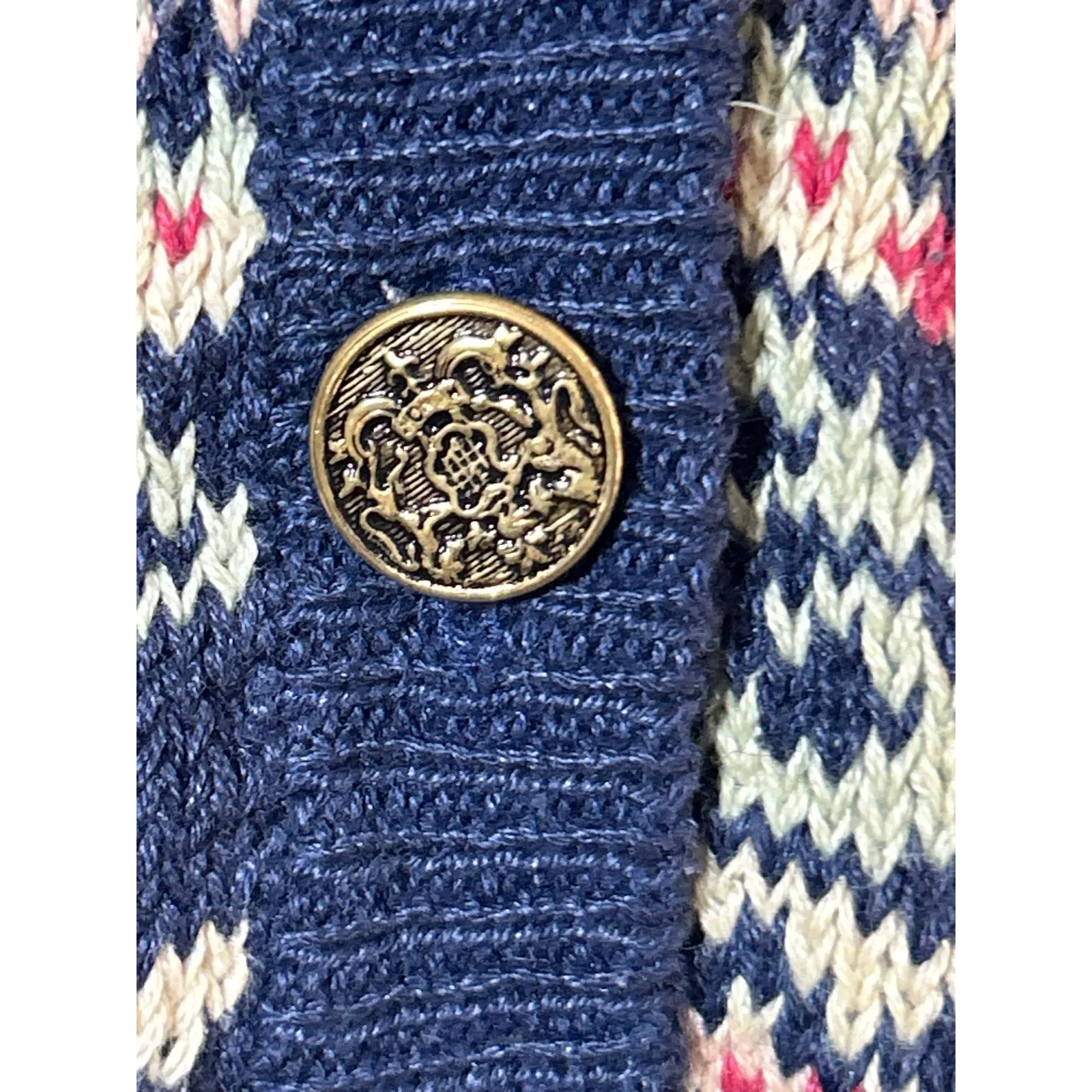 Vintage Cardigan Sweater Vest Medium Navy Blue Cream Pink Nordic Winter - Image 3