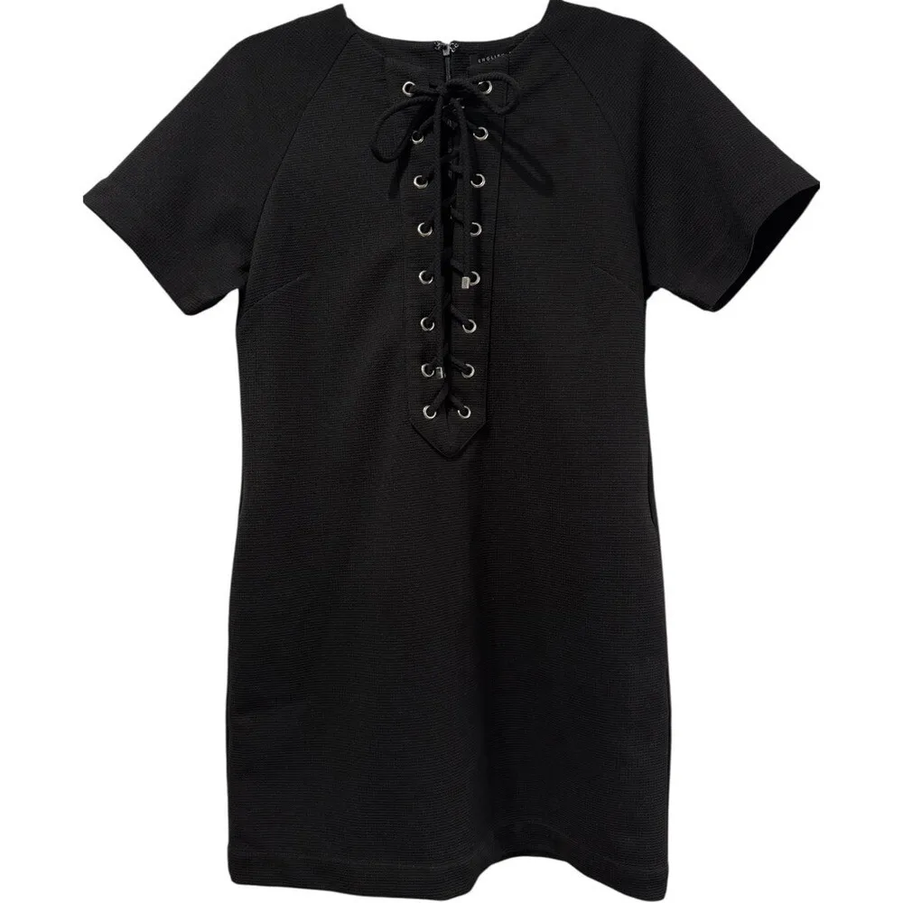 English Factory Lace Up Round Neck Black‎ Waffle Knit Shift Mini Dress Small - Image 3