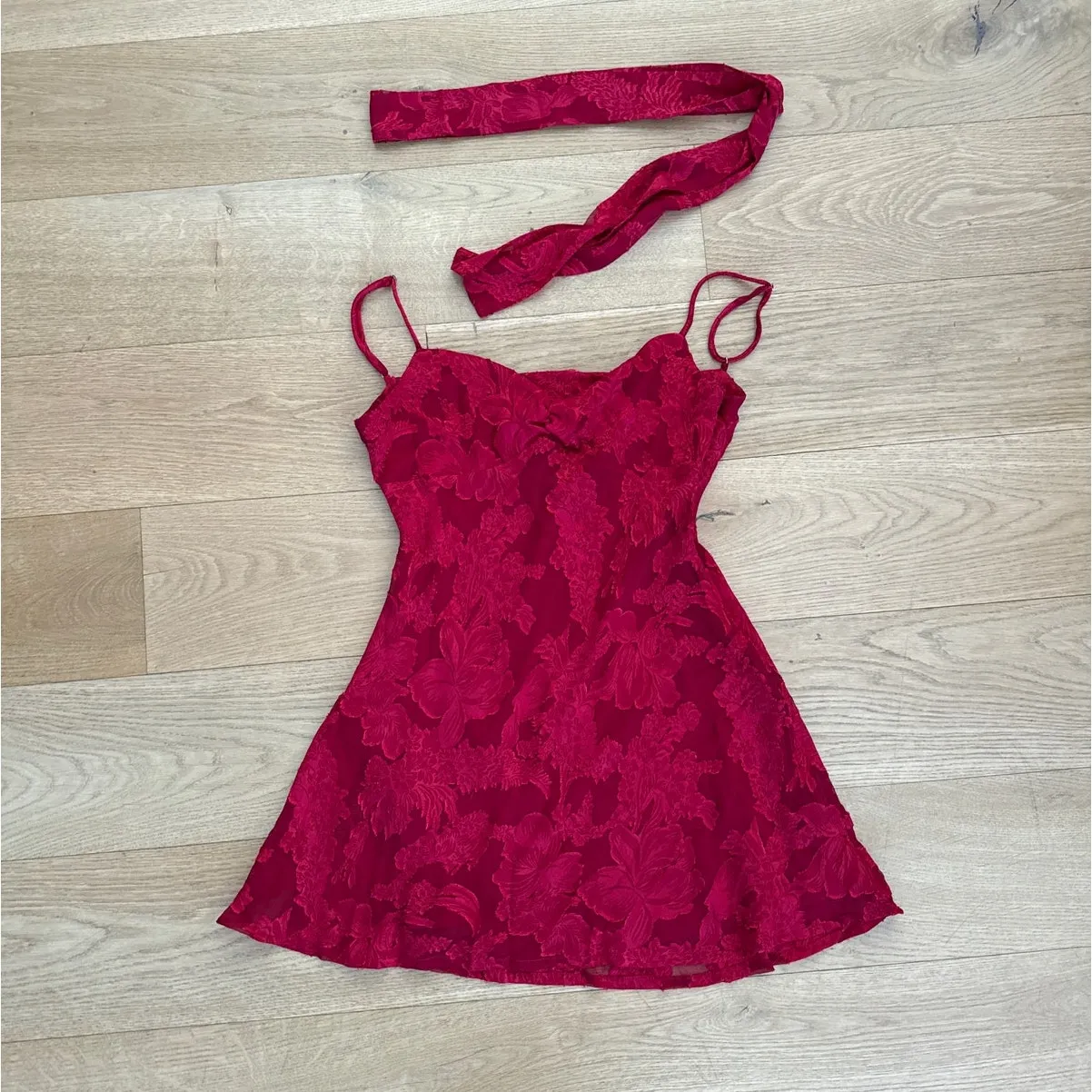 Lulu's Mini Dress & Scarf Set Sleeveless Floral Burnout Aydah Size M Red - Image 6