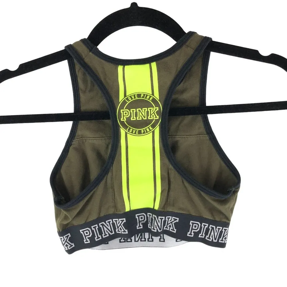 PINK Victorias Secret Crop Sports Bra Racerback Logo Olive Green XS AA-B - Image 2