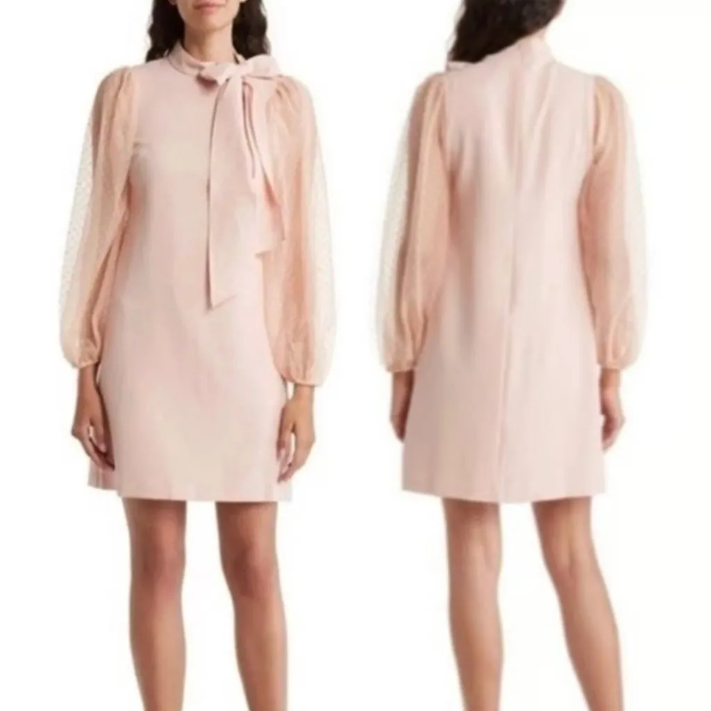 VINCE CAMUTO Mesh Dot Sleeve Knee Length Shift Dress Bow Neck Blush Pink Party - Image 2