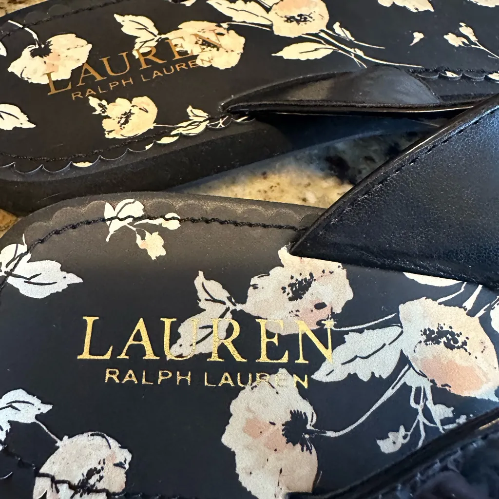 Ralph Lauren Black Patent Leather Floral Sandal Thong Flip Flops Size 9 Womens - Image 5