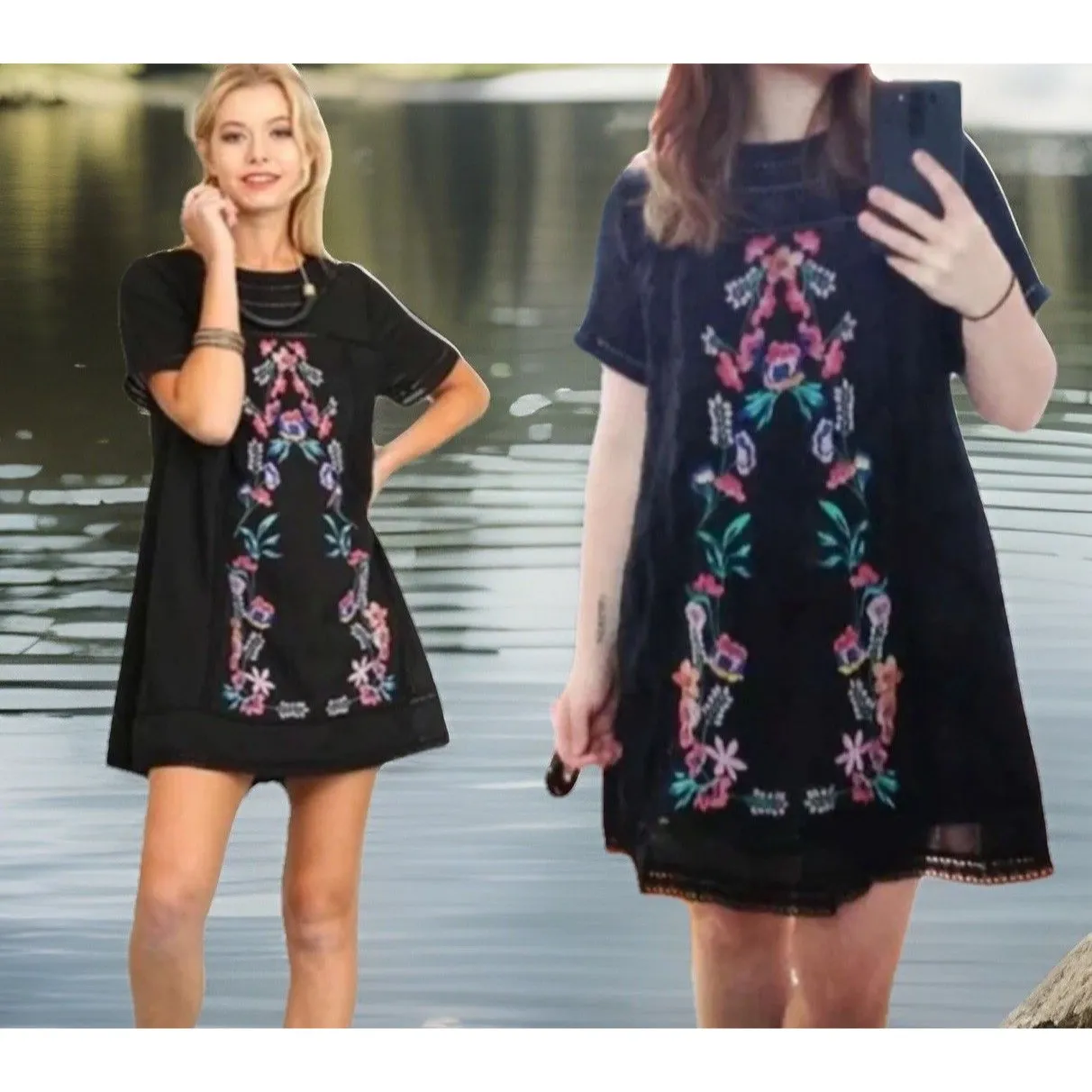 Chic Umber Embroidered Eyelet Lined‎ Mini Tunic Dress Boho Vacation Floral S - Image 2