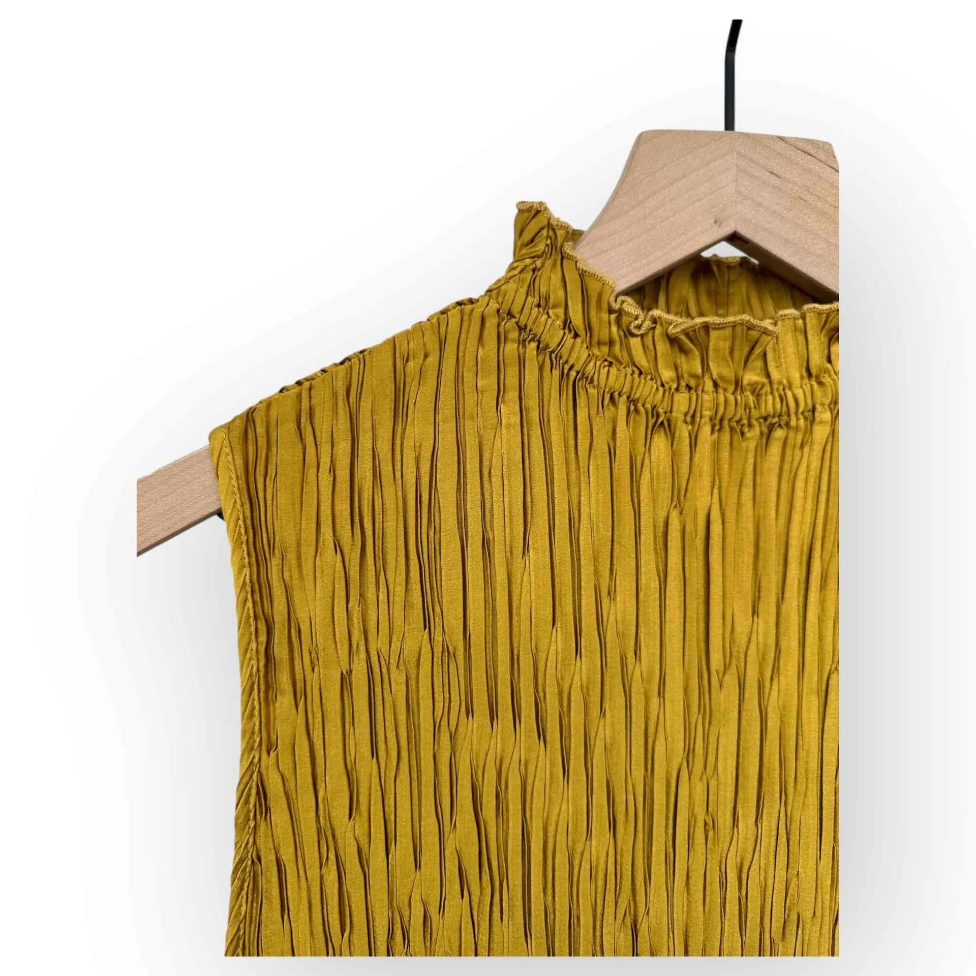 ASOS DESIGN high neck mini dress satin plisse Mustard - Image 9