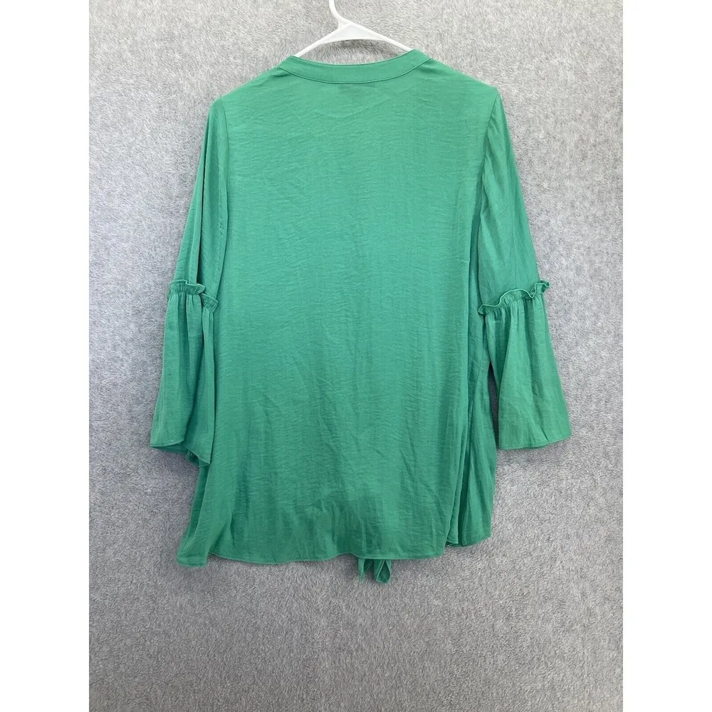 Alfani Women's Blouse Bell Sleeve Tie Front VNeck Plus Size 0X Green - Image 2