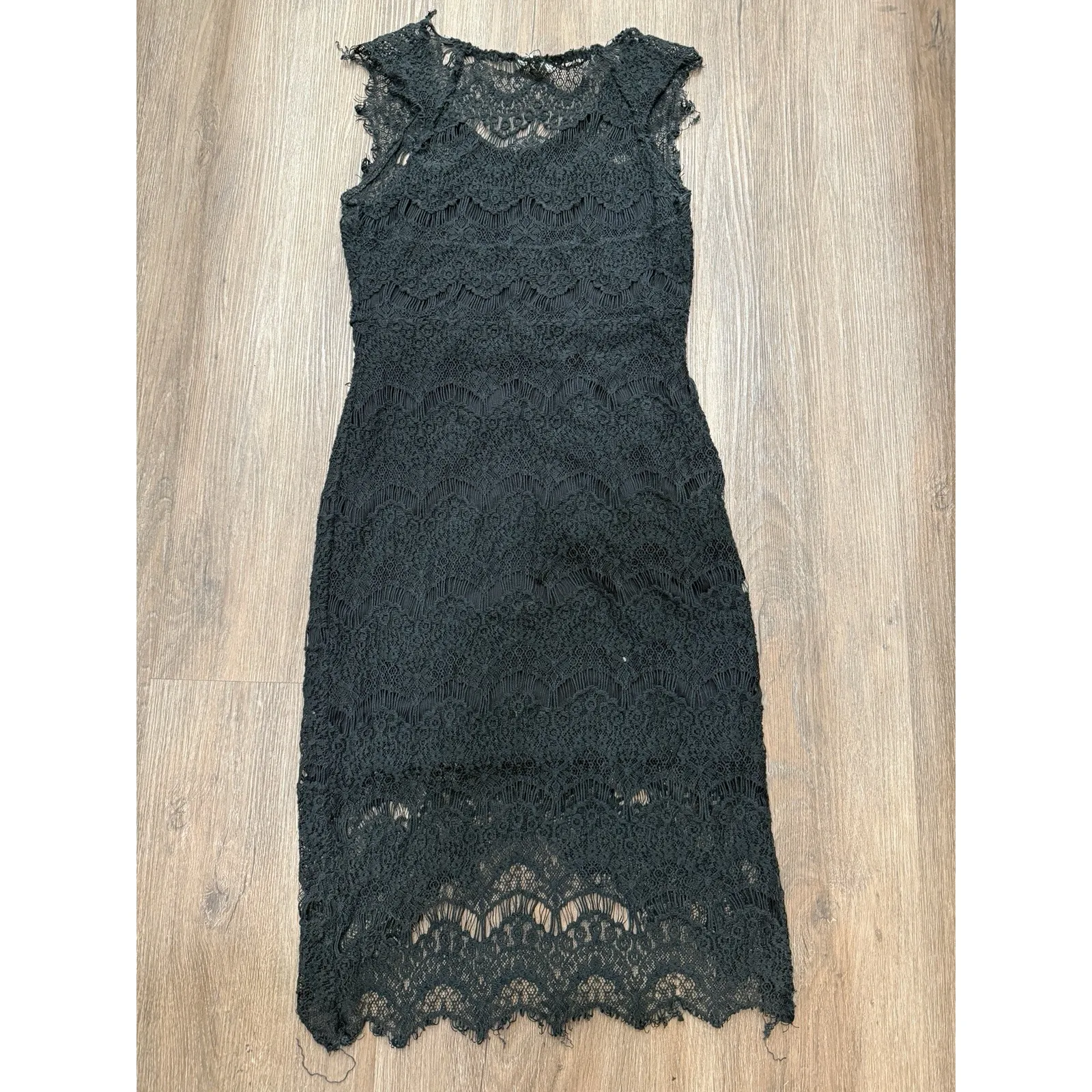 Free People Black Lace Slip Peekaboo Scalloped Round Neck Sleeveless‎ Dress  S - Image 3