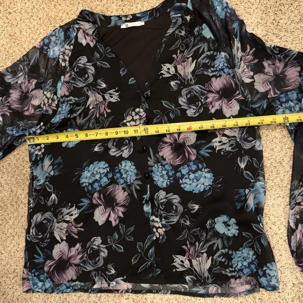 Cupshe Dark Bohemian Floral Frenzy Blouse XL Flowy Whimsy Goth Sheer Sleeves - Image 7