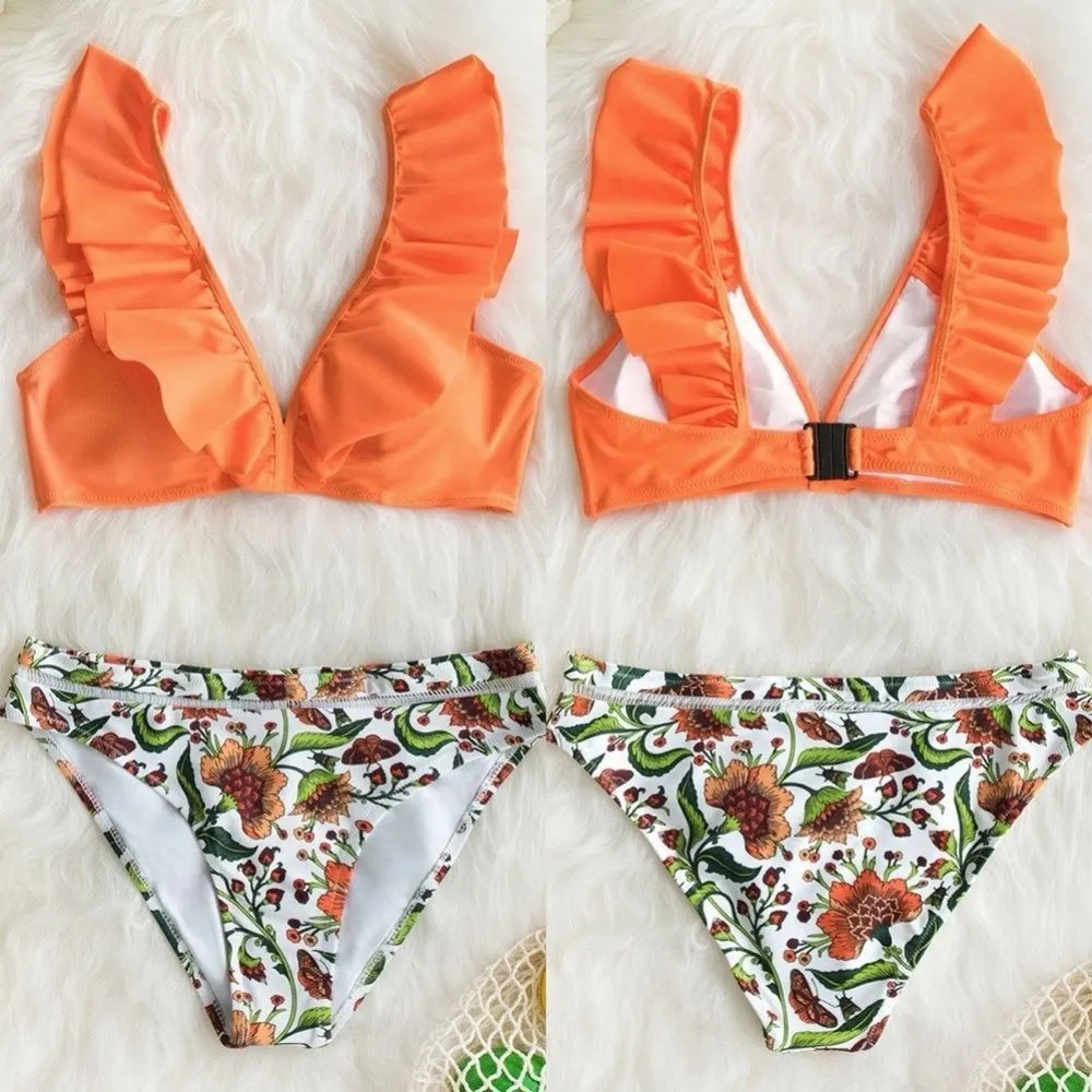 New CUPSHE Orange Ruffle Floral Bikini - Image 6