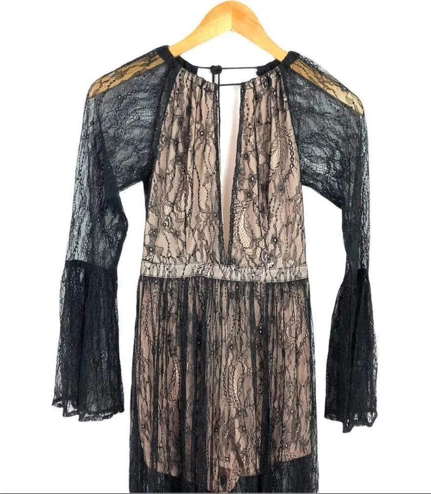 Whyte Eyelash Skirted Maxi Black Lace Sheer Romper Deep V - Image 7