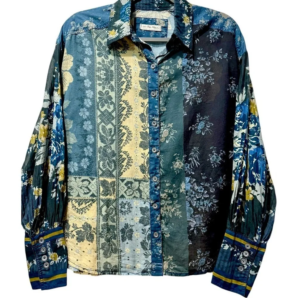 We The Free People Flower Patch Button Down Flowy Blouse Indigo Blue Combo XS - Image 6