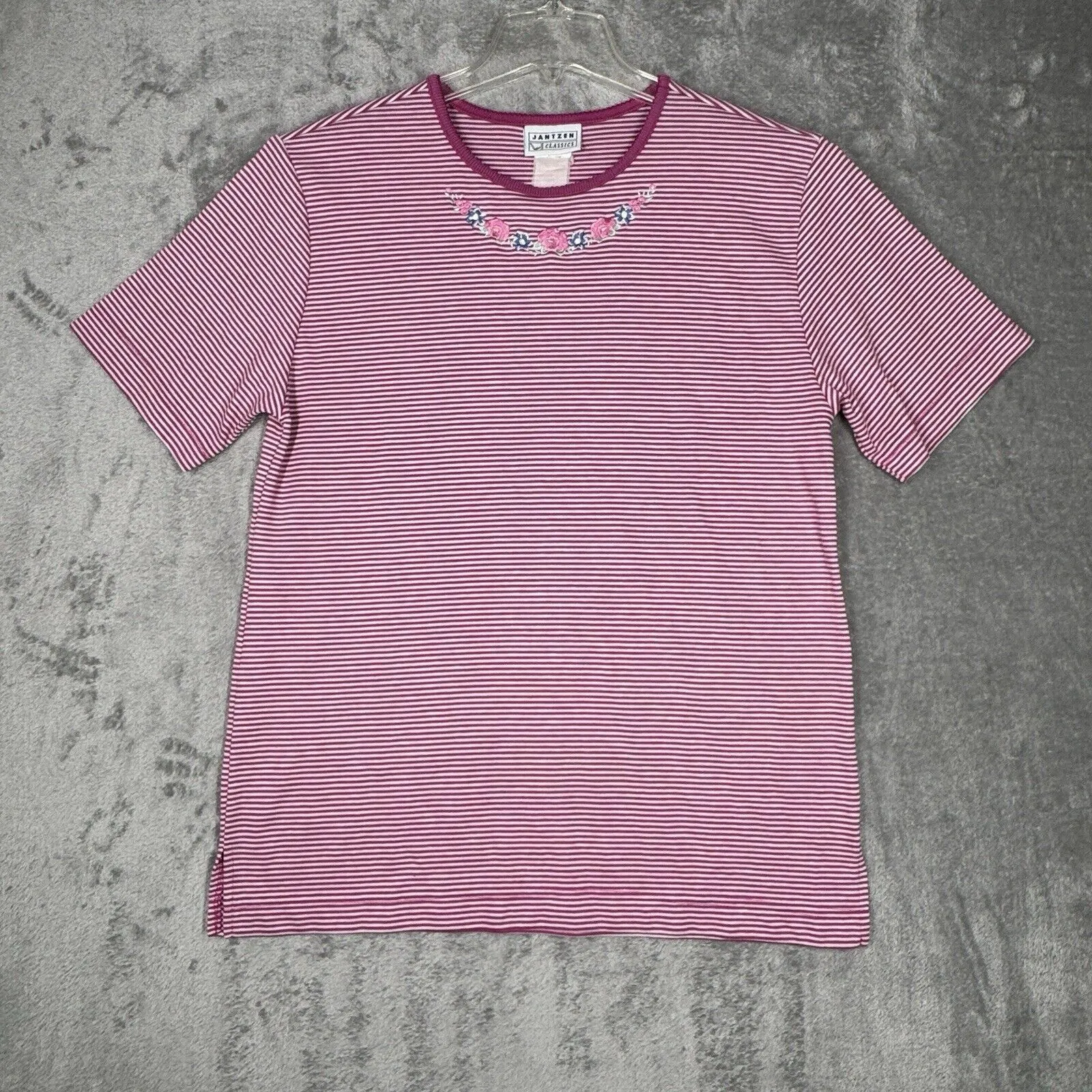 Jantzen Shirt Womens Large Pink White‎ Striped Floral Embroidered Tee Vintage - Image 2