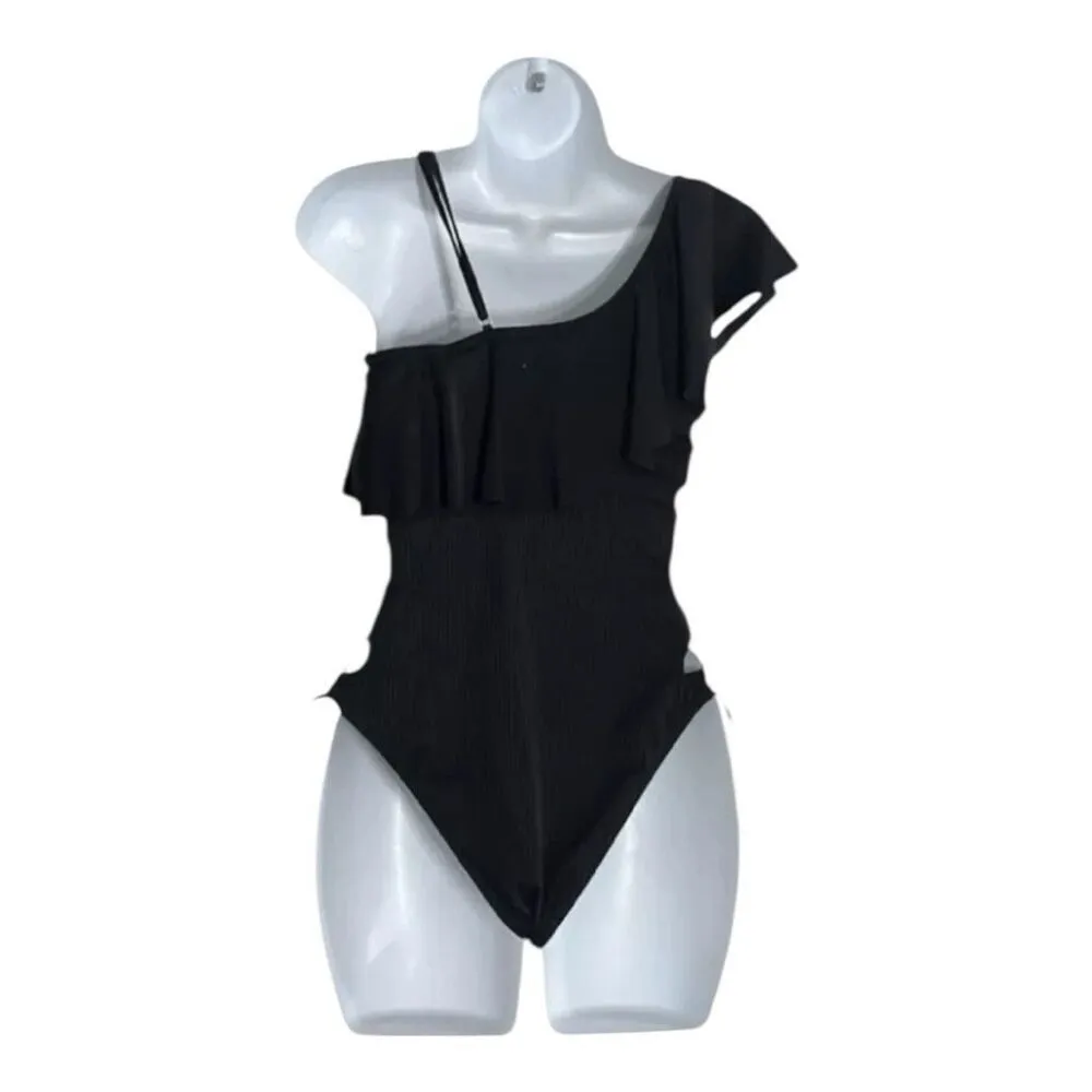 Sexy Black Ruffle One Piece Swimsuit Size M Asymmetric Neck Criss Cross Lace Up Size M - Image 2