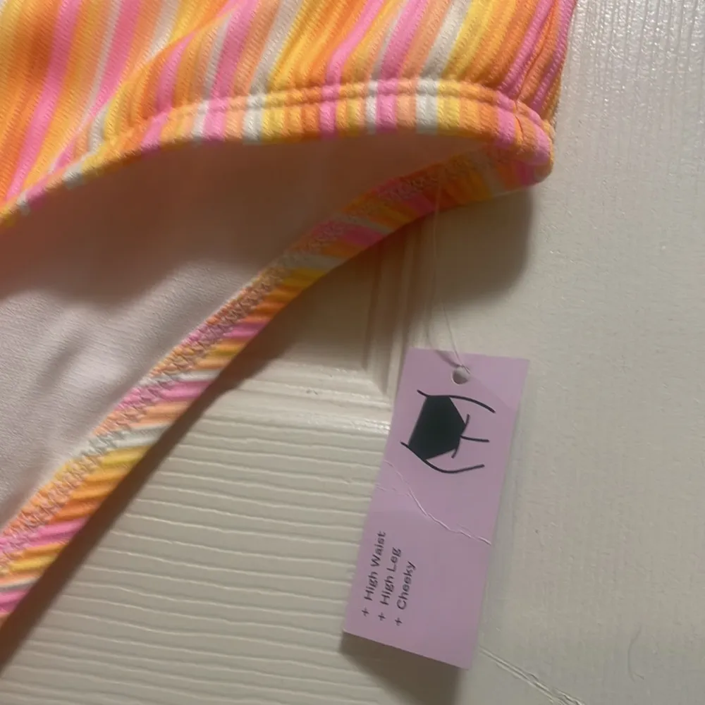 Wild Fable Juniors Orange Stripe High Waist High Leg Cheeky Swim Bottoms Size 2X - Image 5