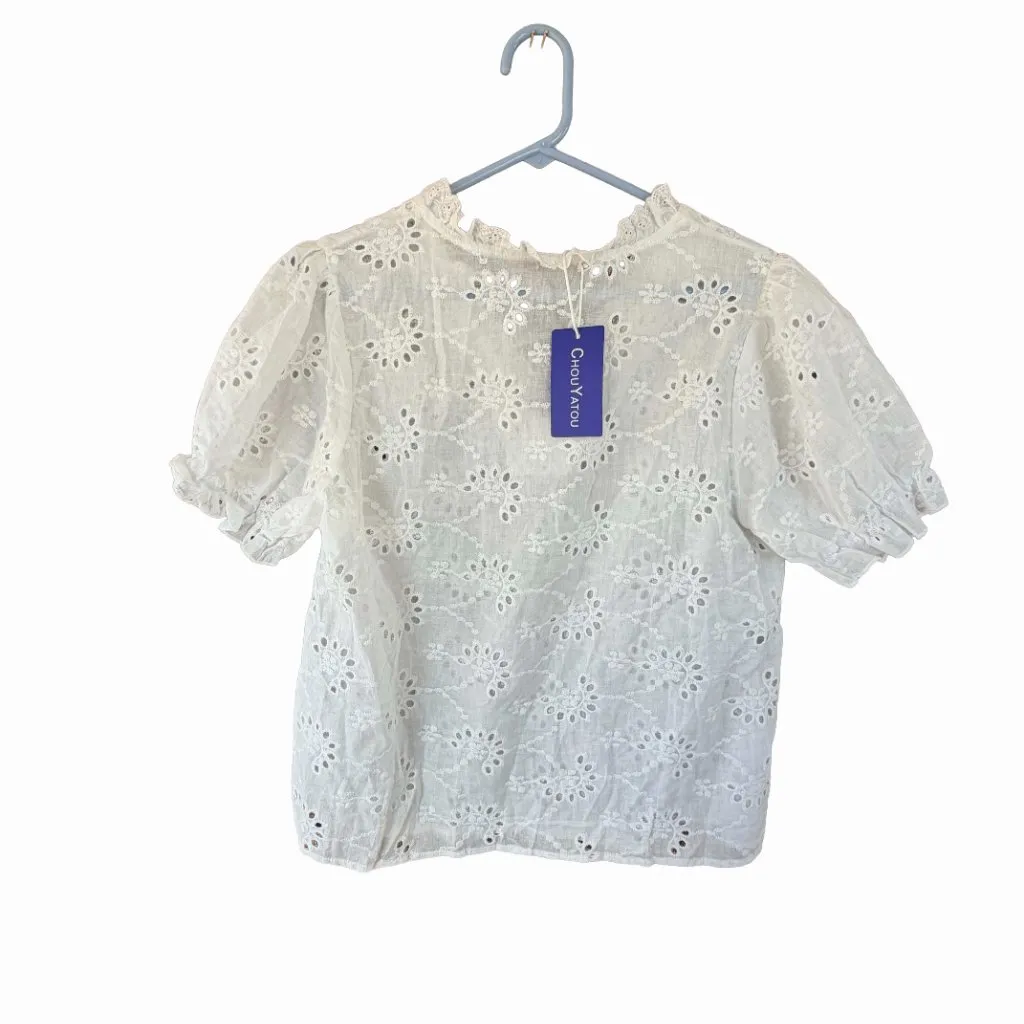 CHOUYATOU White Eyelet Broderie Anglaise Lace Top Ruffled Sleeves Cottagecore Size M - Image 4