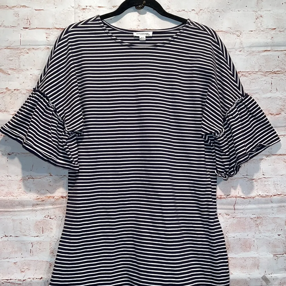 Beach lunch lounge Sierra dress navy stripe flutter ruffles sleeves knee length - Image 3