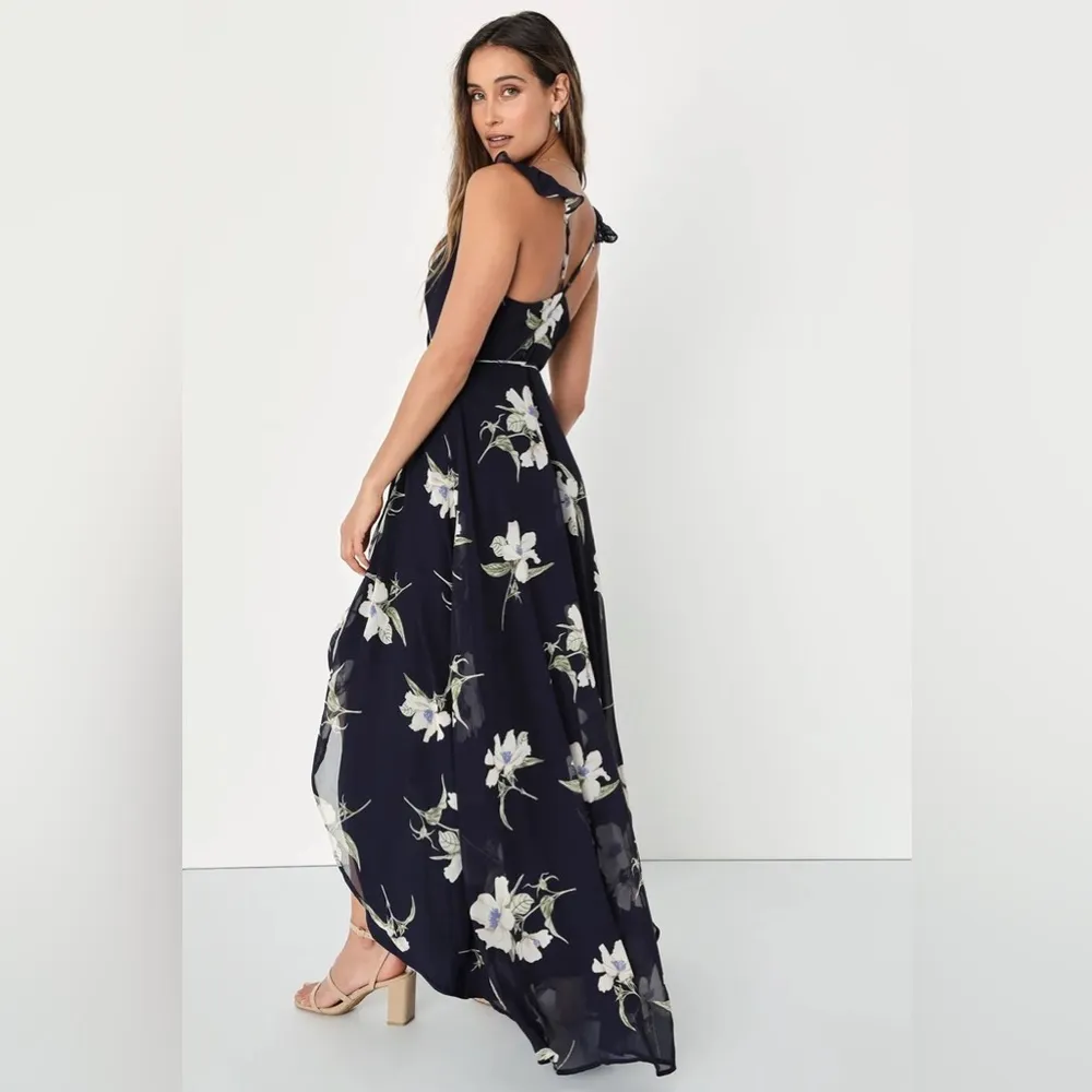 Lulu’s All Mine Navy Blue Floral Print High-Low Slit Wrap Maxi Dress - Image 2