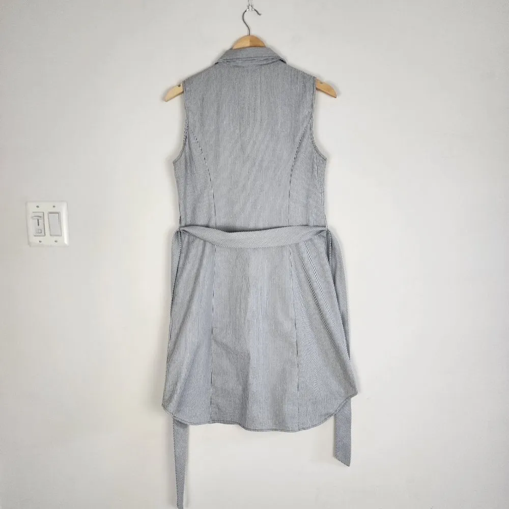 Grace Sleeveless Dress Blue Striped Midi Buttton Front Cotton Blend Tie Waist 6 - Image 4