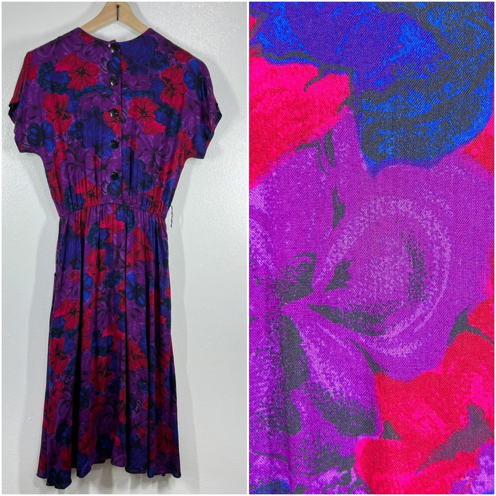 Pellini Petites Floral Midi Dress Vintage 90s Button Back Pockets‎ Purple Size 8 - Image 2